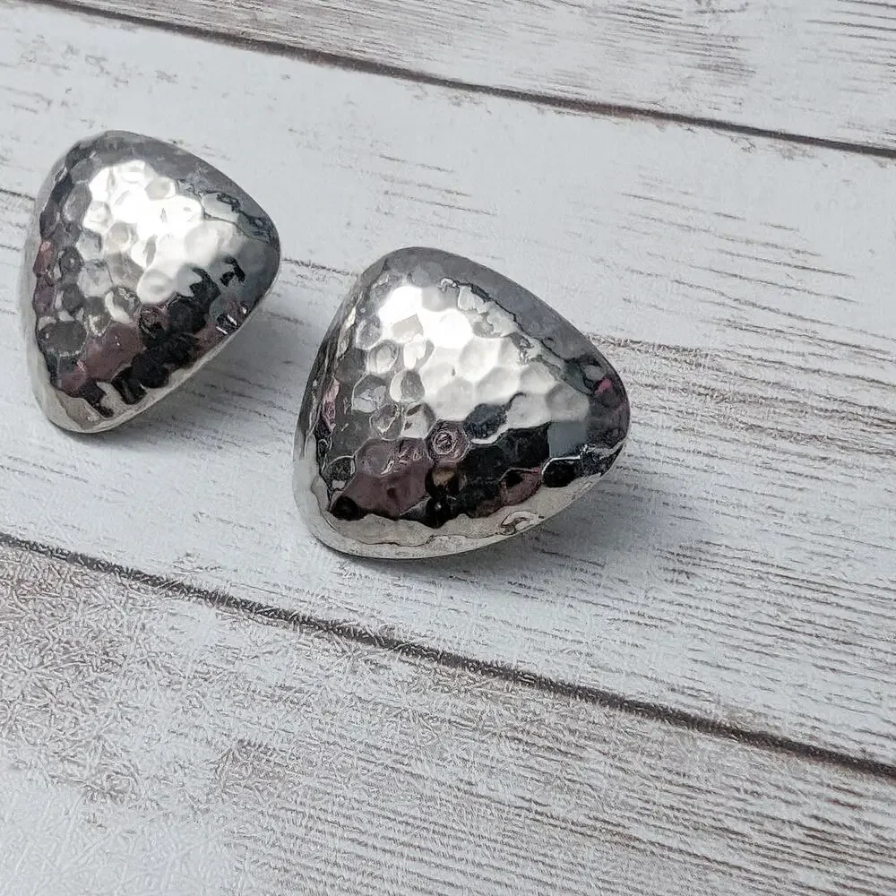 Vintage Clip On Earrings Rounded Triangle Silver Tone Hammered Pattern